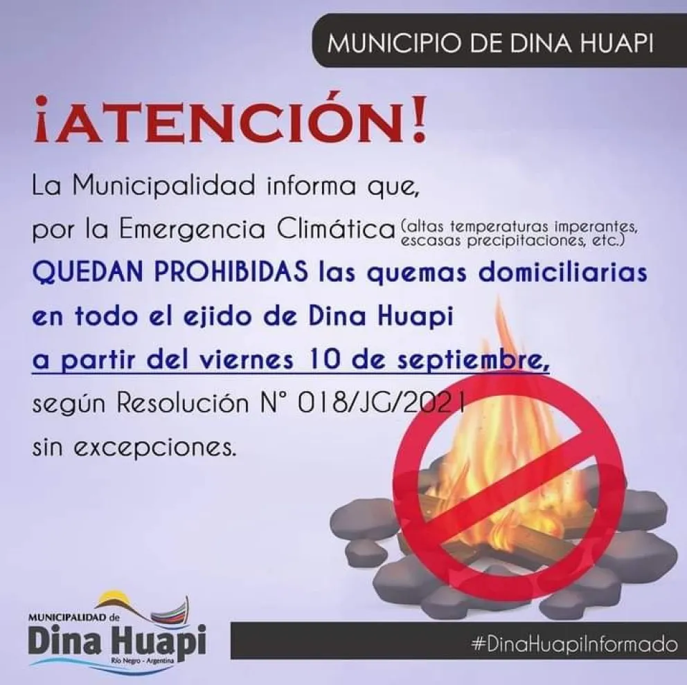 Dina Huapi prohíbe las quemas domiciliarias a partir del 10 de septiembre