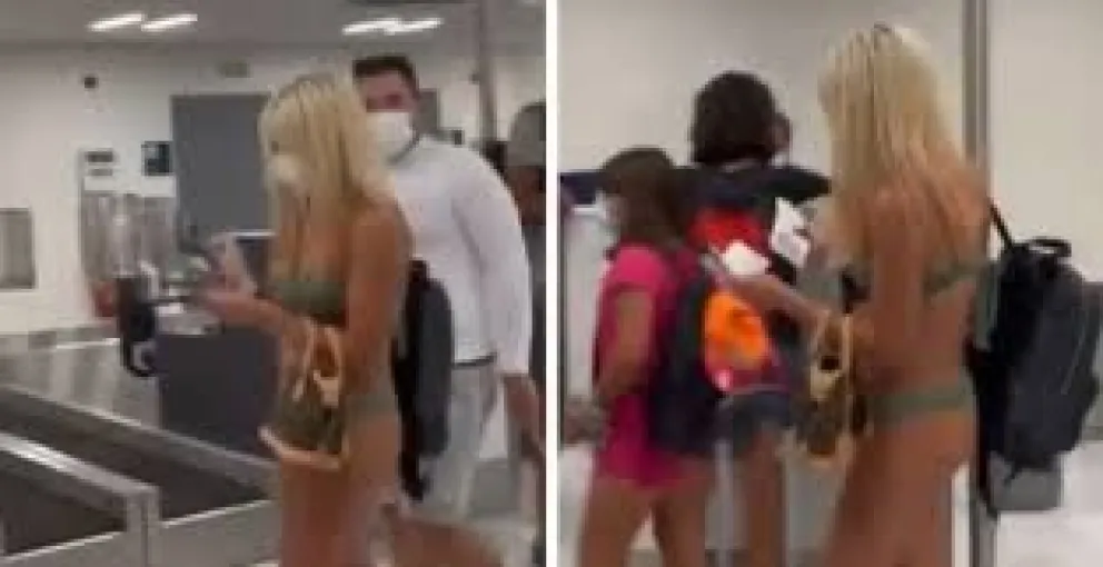 Video: fue a tomar un avión en bikini, pero con barbijo puesto