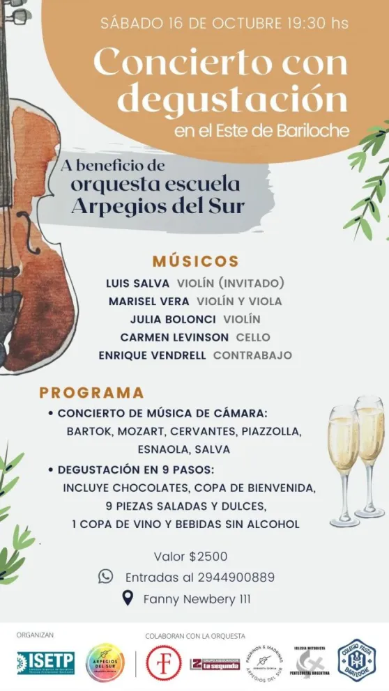 Concierto y degustación, a beneficio de la orquesta Arpegios del Sur 