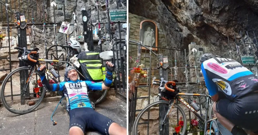¡Grande Gustavo! Llegó en su bicicleta a la gruta de la Virgen de las Nieves