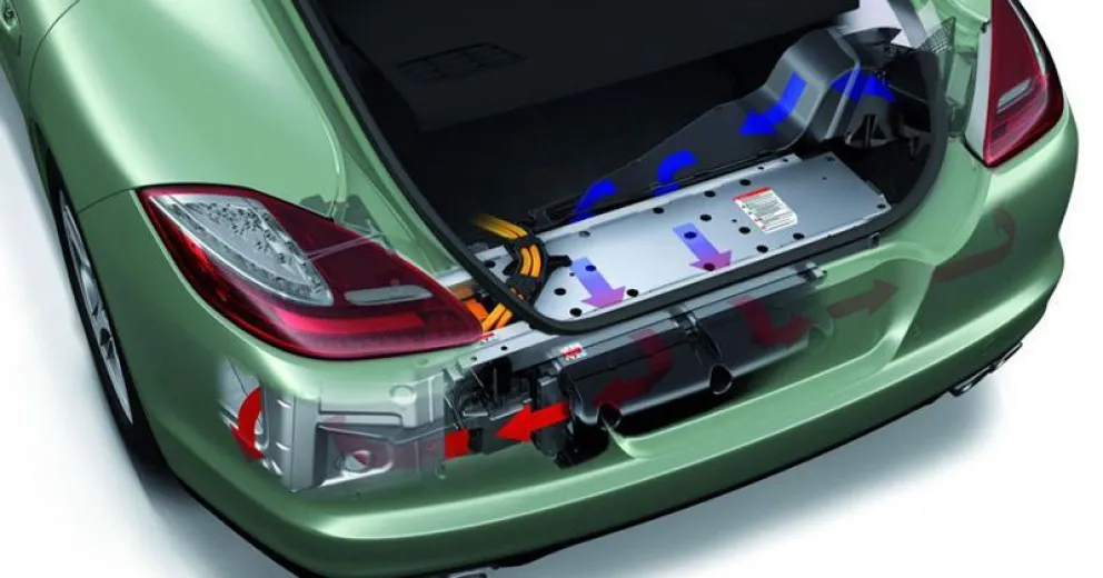 El sistema de ventilación de la batería de iones de litio situada en la parte posterior de una SUV híbrida.