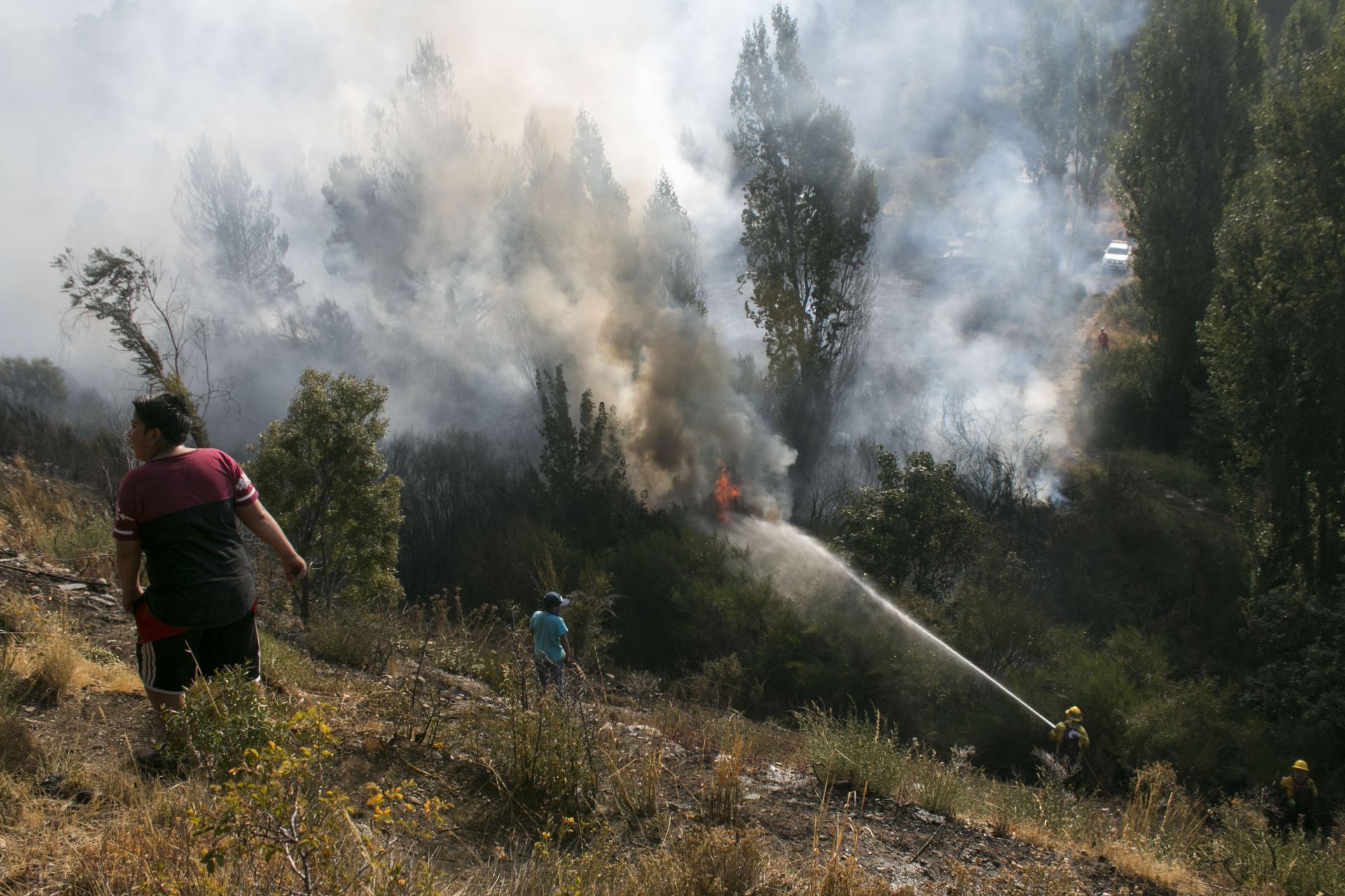 El fuego de un nuevo incendio forestal llegó al patio de varias casas