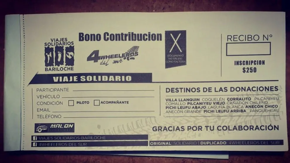 Viajes Solidarios Bariloche y 4Wheeleros  del Sur han puesto a la venta  un bono para reunir alimentos