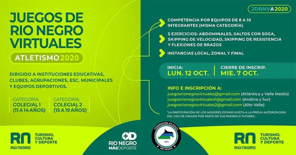 Hay tiempo hasta el 7 de octubre para inscribirse a la instancia local de los Juegos de Río Negro Virtuales