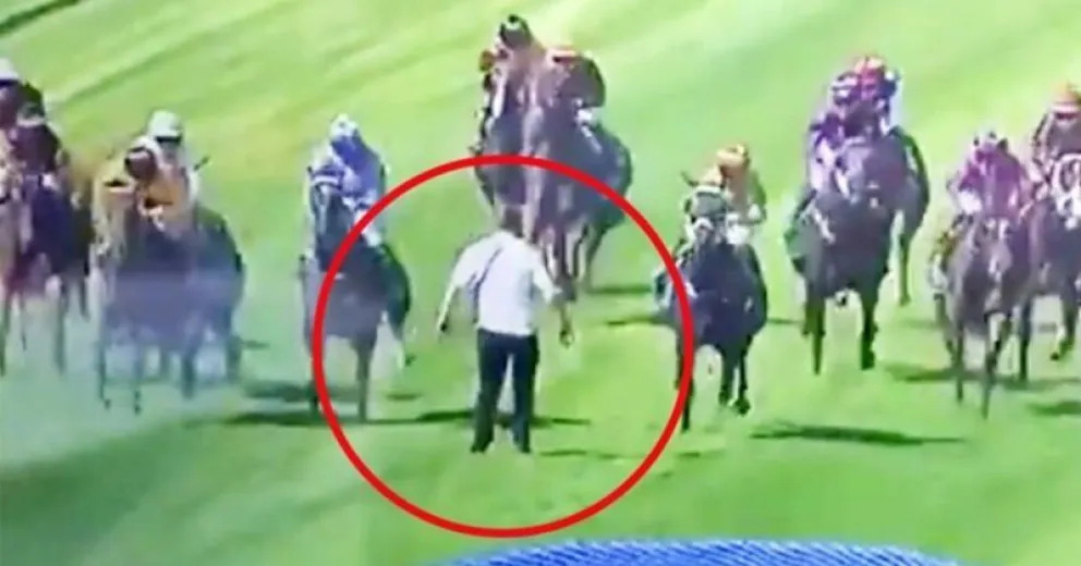 Borracho se metió a la pista en una carrera de caballos y se salvó de milagro