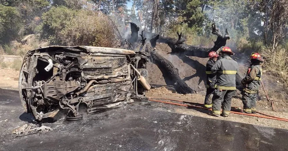 Un auto volcó, se prendió fuego y casi provoca un incendio forestal