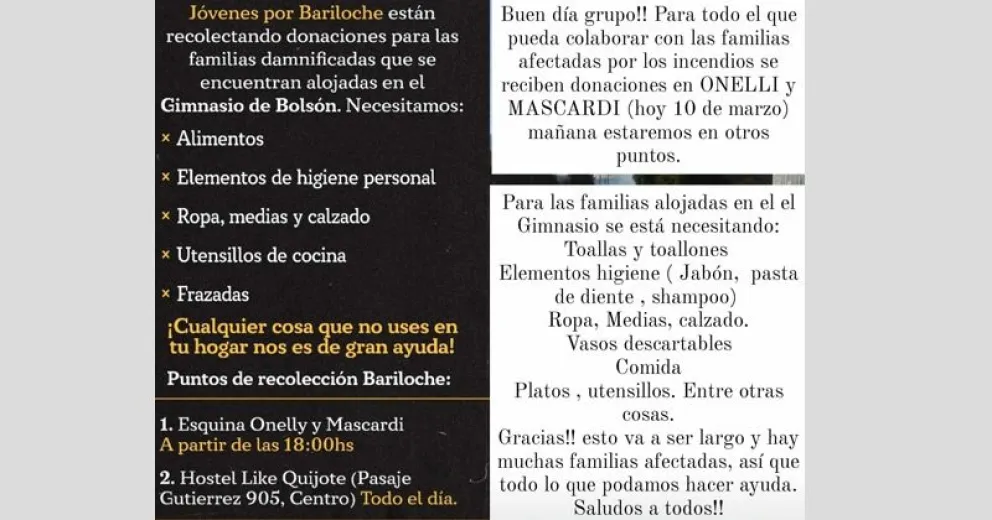 Jóvenes por Bariloche junta donaciones para afectados por el incendio
