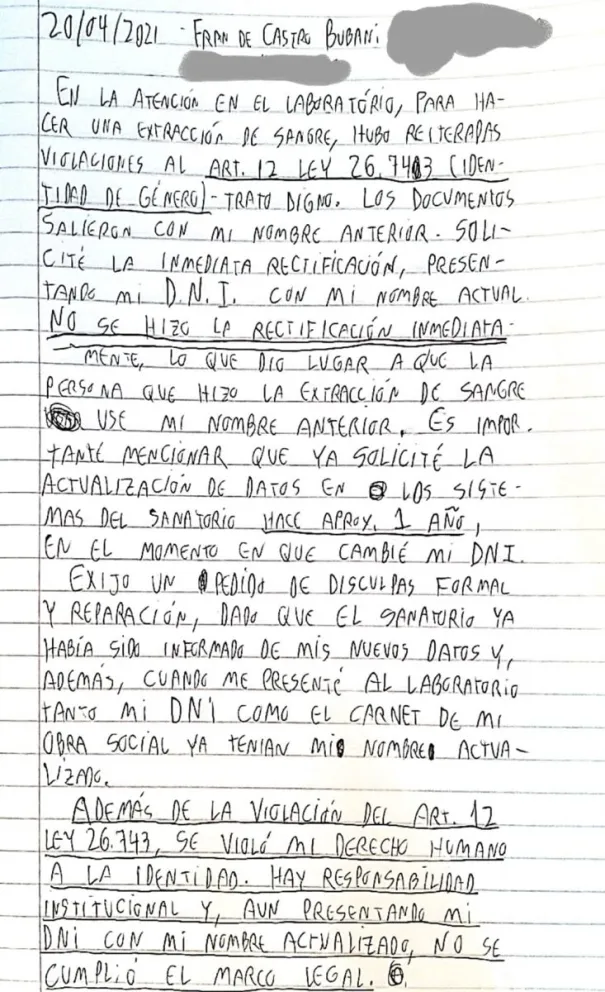 Aclaración del Sanatorio San Carlos por supuesto acto de discriminación trans