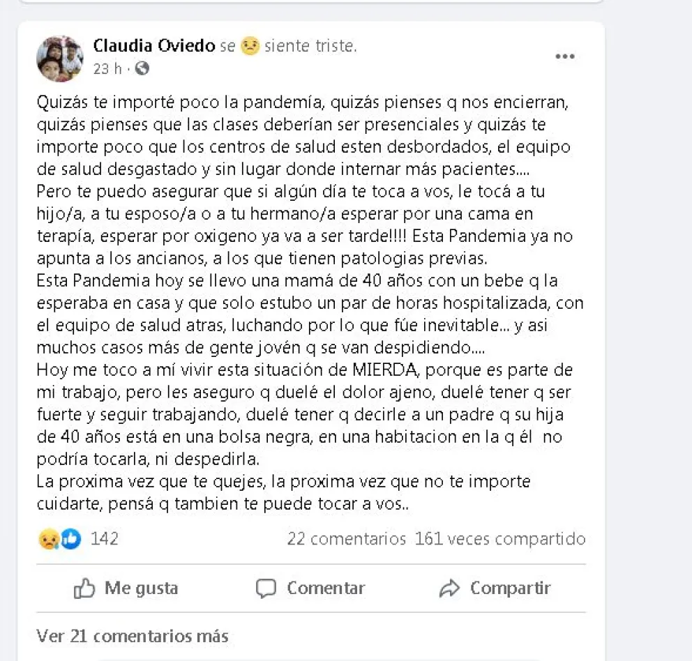 Dramático mensaje de una enfermera barilochense por la muerte de una madre de apenas 40 años