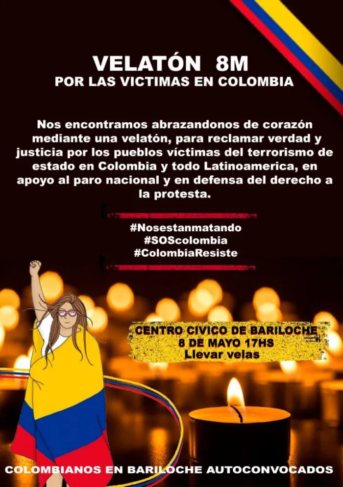 El grupo Colombianos en Bariloche invita  al "velatón 8M" por las víctimas en Colombia